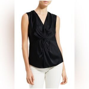 THEORY Twist Front Blouse in Soft Satin V-Neck Draped Sleeveless Top Rice